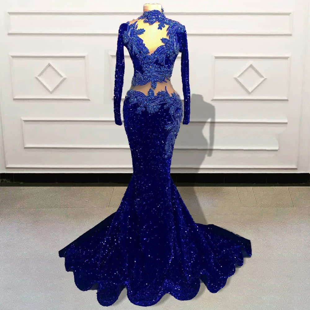 8541 Blue Lace Sleeve Mermaid Dress main image 0