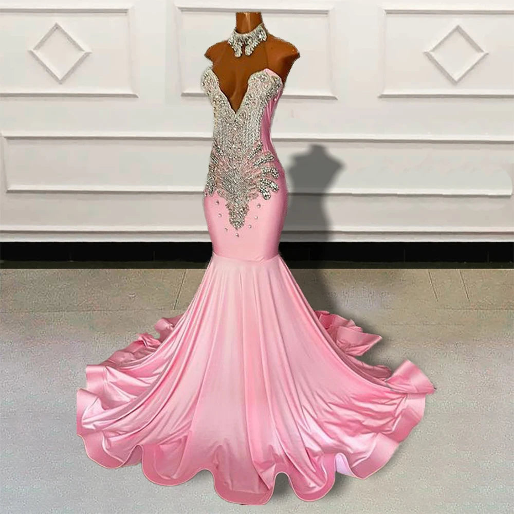 Graceful Pink Satin Gown With Lace Detail on Luulla
