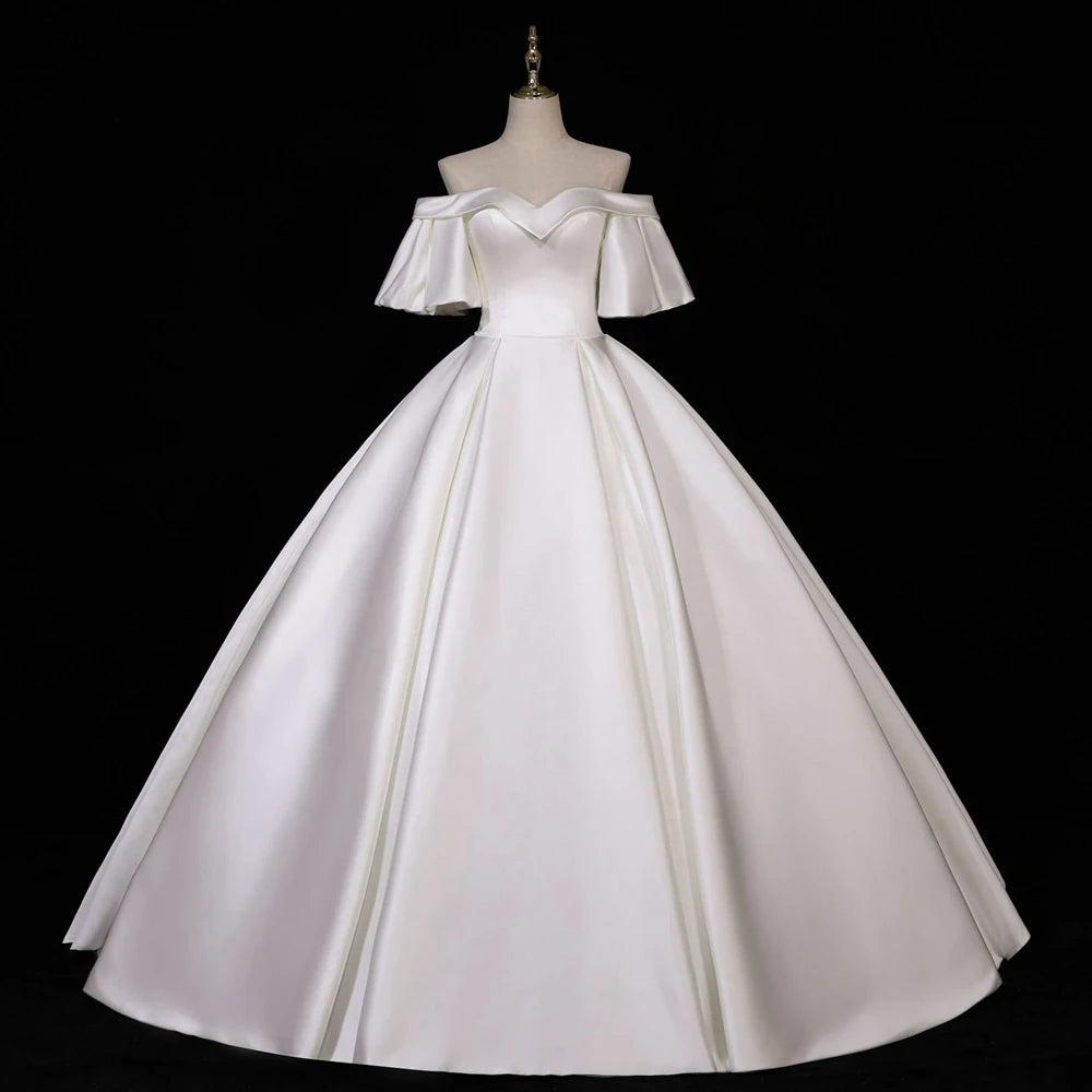 Elegant A Line Off The Shoulder Satin Lace Long Wedding Dresses C4159