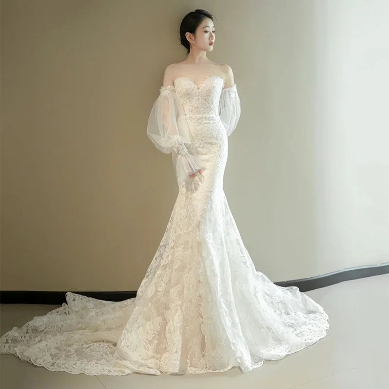 Strapless White Lace Gown With Tulle Sleeves on Luulla