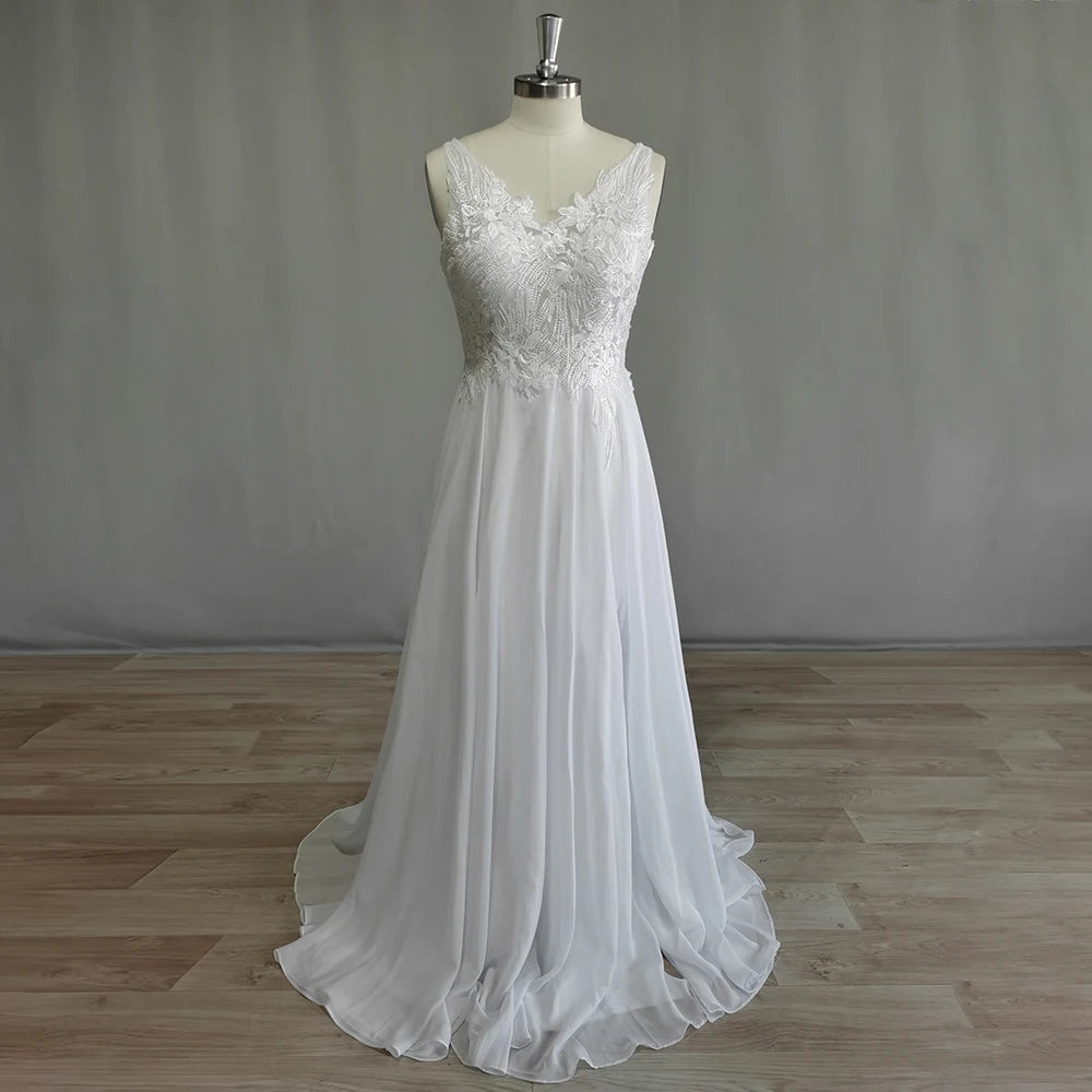 Classic Fabulous A Line Chiffon Wedding Dresses Straps Appliques Lace Up Bridal Gowns
