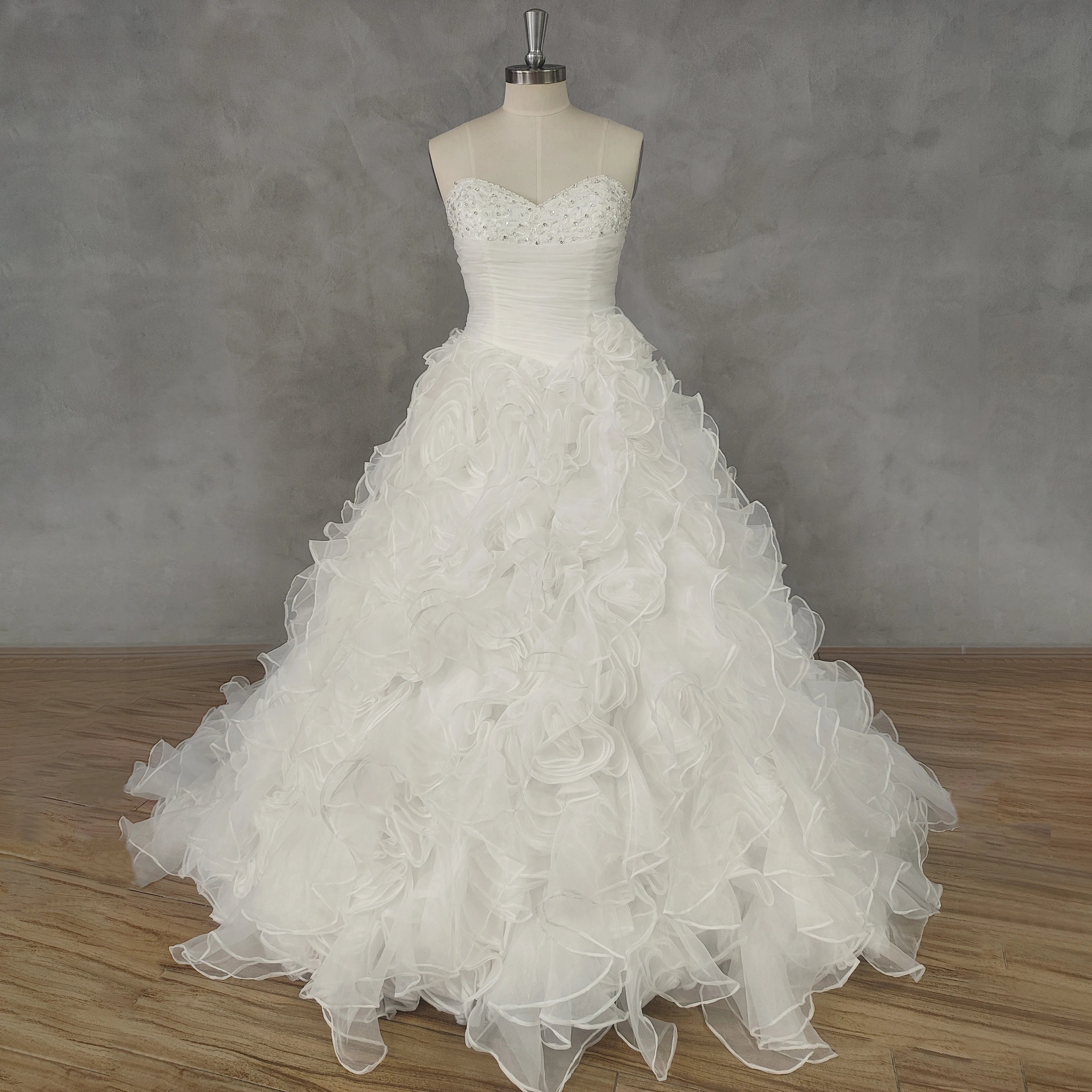 Vintage-Inspired 3D Floral Ruffles & Lace Bodice Wedding Dress Strapless High-Low Bridal Gown DP7068