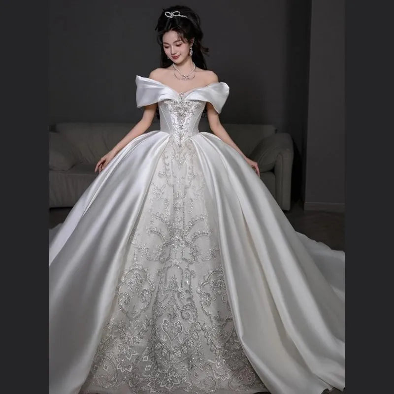 OFF THE SHOULDER LACE ILLUSION SATIN GOWN main image 1