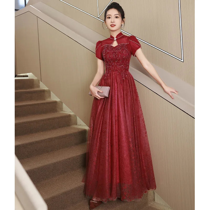 Red Lace Gown With Pearls And Sleeves on Luulla