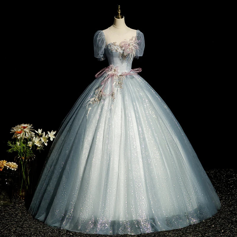 Sparkling Blue Ball Gown With Floral Accents Prom Dress 2025 on Luulla